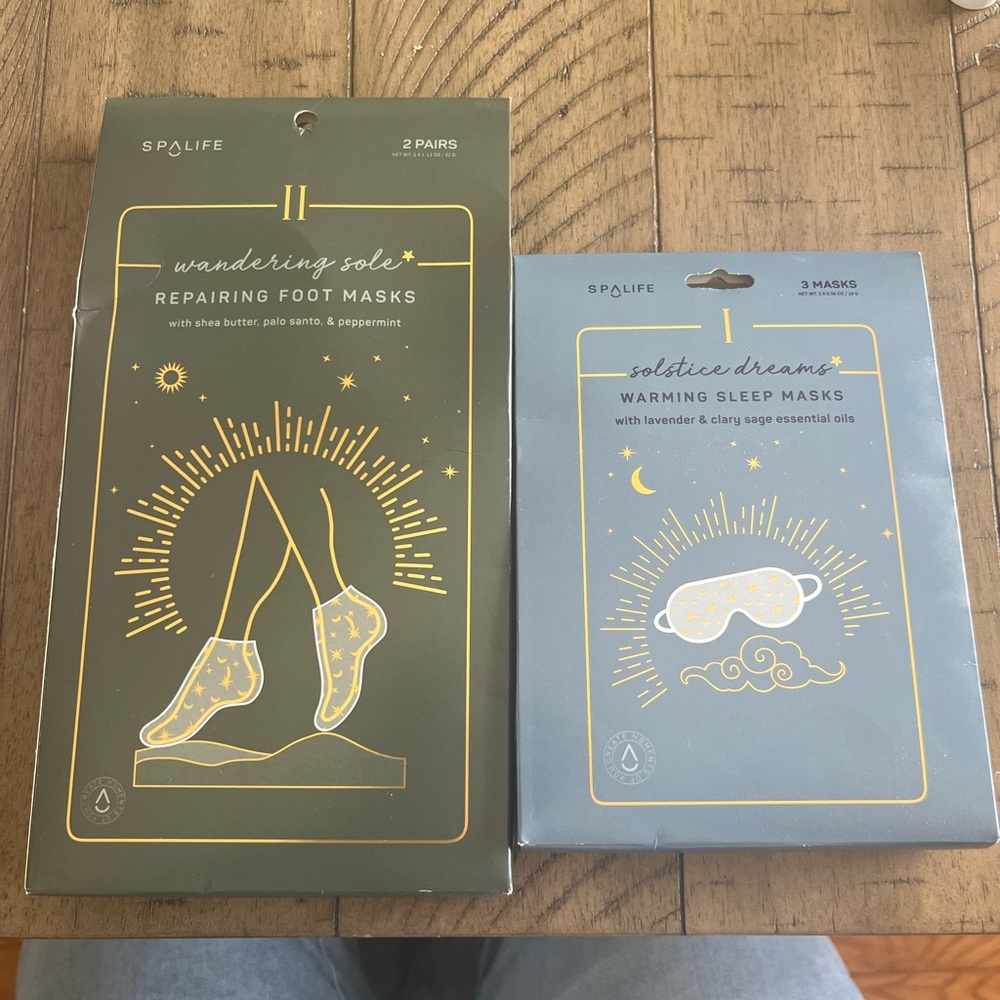 Spa life foot mask and sleep mask.